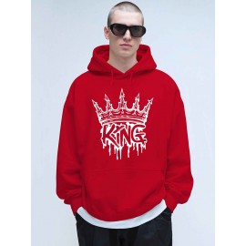 Men'S Casual King Crown Print Hoodie, 100% Polyester Long Sleeve Sweatshirt, Winter Knit Fabric with Slight Stretch, Regular Fit Hooded Top, 200g/m² - Trendy American Style Clothing Gift