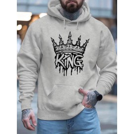 Men'S Casual King Crown Print Hoodie, 100% Polyester Long Sleeve Sweatshirt, Winter Knit Fabric with Slight Stretch, Regular Fit Hooded Top, 200g/m² - Trendy American Style Clothing Gift
