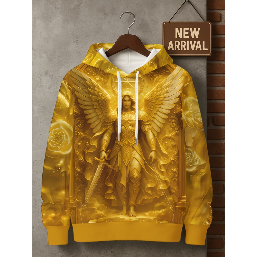 Men's 3D Printed Golden Winged Warrior Angel Hoodie - All-Over HD Graphic Mythology-Inspired Streetwear, Premium Comfortable Pullover with Hood, Casual Winter Wear & Fantasy Fashion, Machine Washable Regular Fit Sweatshirt