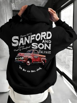 [Retro 70s Pullover] Men's Sanford and Son Vintage TV Show Graphic Hooded Sweatshirt - Retro 70s Inspired Pullover with Junkyard Design, Blue Casual Winter Warmth, Machine Washable Regular Fit for Outdoor & Home Wear