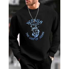 Men's Graphic Print Sweatshirt - Yeshua Lion of Judah Regular Fit Crew Neck Pullover with Slight Stretch, Polyester Knit Fabric