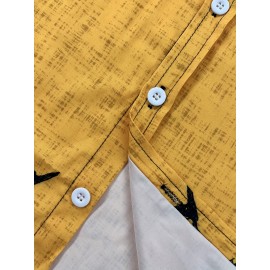 Men's Lightweight Shirt - Black & Mustard-Yellow Geometric Cat Art Print Button-Up - Stand-Up Collar Casual Beach Vacation Outfit - Machine Washable Summer Blouse for Everyday & Formal Events, Beach Clothes, Nontransparent Fabric