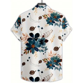 Men'S Floral Print Short Sleeve Shirt - 3D Print Blue, Orange & Brown Flowers & Leaves, Casual Summer Style with Button-Up Collar, Lightweight Polyester Fabric for Casual Attire, Floral Shirt