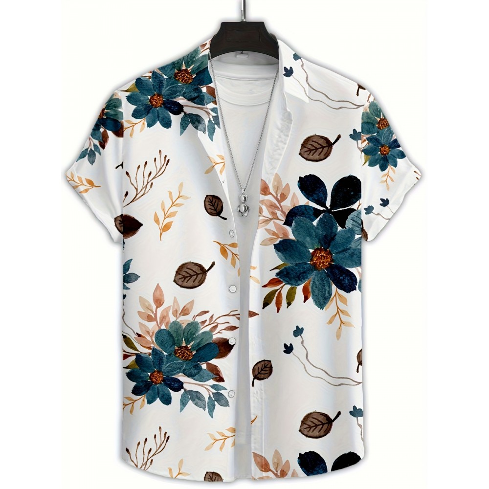 Men'S Floral Print Short Sleeve Shirt - 3D Print Blue, Orange & Brown Flowers & Leaves, Casual Summer Style with Button-Up Collar, Lightweight Polyester Fabric for Casual Attire, Floral Shirt