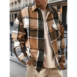 Men'S Casual Plaid Button-Up Shirt - Long Sleeve, Beige & Brown Check Pattern, Loose Fit, Lightweight Polyester Fabric, Perfect for Casual Attire