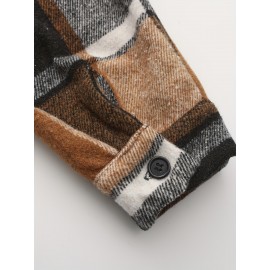 Men'S Casual Plaid Button-Up Shirt - Long Sleeve, Beige & Brown Check Pattern, Loose Fit, Lightweight Polyester Fabric, Perfect for Casual Attire