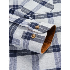 Men's Heavy-Duty Plaid Long Sleeve Dress Shirt - Winter Warmth Collar & Chest Pocket Button, Blue/White/Black/Brown Checkered Pattern, Loose Fit Casual & Formal Button-Up Coat Jacket-like Blazer (Machine Washable)