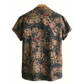 Men's Tropical Floral Print Button-Up Shirt - Short Sleeve, Black Base with Vibrant Red & Pink Roses, Casual Summer Style, Polyester Fabric, Machine Washable