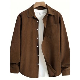 Men'S Vintage Corduroy Shirt - Olive Green Button-Up Collar Long Sleeve Casual Shirt with Chest Pocket, Regular Fit for Fall/Winter, Casual Attire|Vintage Shirt, |corduroy Texture, Corduroy Shirt, Button Up Shirt For Men, Long Sleeve Shirt For Men