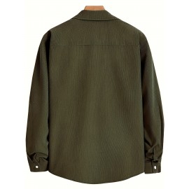 Men'S Vintage Corduroy Shirt - Olive Green Button-Up Collar Long Sleeve Casual Shirt with Chest Pocket, Regular Fit for Fall/Winter, Casual Attire|Vintage Shirt, |corduroy Texture, Corduroy Shirt, Button Up Shirt For Men, Long Sleeve Shirt For Men