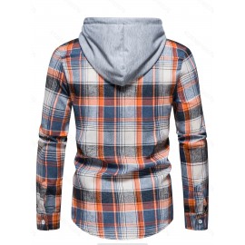 Men'S Fashion Casual Plaid Long Sleeve Hoodie Shirt, Polyester, Regular Fit, Non-Stretch, Spring/Autumn Outdoor Wear, Adult Size, Woven Fabric