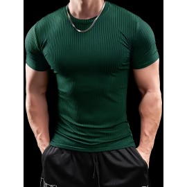 5pcs Men'S Short Sleeve Ribbed Knit T-Shirts - Breathable & Comfortable, Casual Solid Color Crew Neck Tees for Spring/Summer, Lightweight Polyester Blend, Perfect for Casual Attire, Spring Summer Apparel | Casual Style | Comfortable Fit
