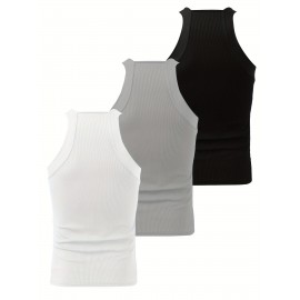 3-Pack Men's Sexy Slim-Fit Stretch Tank Tops - Sleeveless Off-Shoulder/Boat Neck Summer Muscle Tops, Medium-Stretch Fabric, Hand Wash Only, Black/Grey/White, Summer Tank Tops