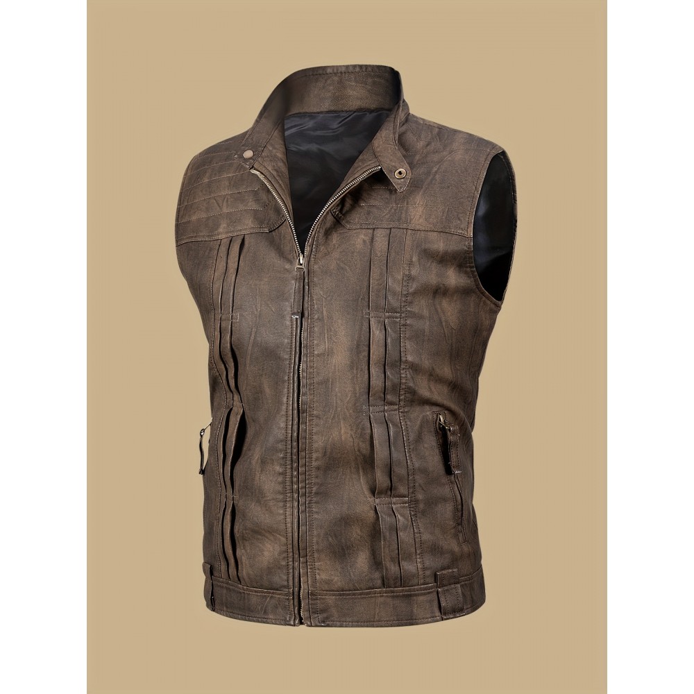 [Vintage Style Vest] Lightweight Vintage-Style Men's Vest | Zipper, Stand Collar, Chest Pockets | Casual Streetwear Outerwear for All Seasons