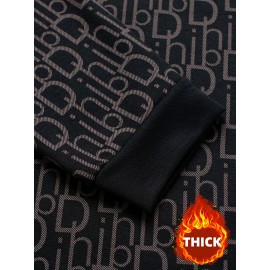 Men's Thermal Fleece-Lined Crewneck Sweatshirt - Thick Winter Warmth with Bold Letter Graphic, Soft Casual Long Sleeve Pullover, Machine Washable Cold Weather Gift for Him, Winter Sweaters, Cold Weather Apparel, Stylish Pullover