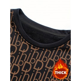 Men's Thermal Fleece-Lined Crewneck Sweatshirt - Thick Winter Warmth with Bold Letter Graphic, Soft Casual Long Sleeve Pullover, Machine Washable Cold Weather Gift for Him, Winter Sweaters, Cold Weather Apparel, Stylish Pullover