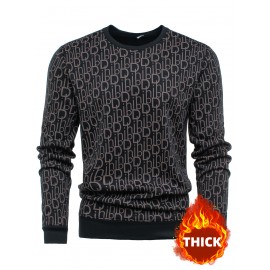 Men's Thermal Fleece-Lined Crewneck Sweatshirt - Thick Winter Warmth with Bold Letter Graphic, Soft Casual Long Sleeve Pullover, Machine Washable Cold Weather Gift for Him, Winter Sweaters, Cold Weather Apparel, Stylish Pullover