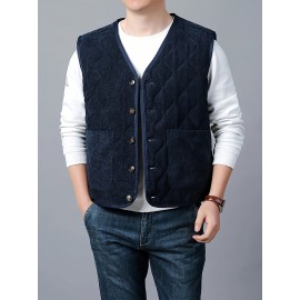 [Winter Warmth Vest] Navy Blue Quilted Corduroy Men's Winter Warmth Vest | Fleece Lining, Pockets, Button Closure | Perfect for Fall and Winter Comfort