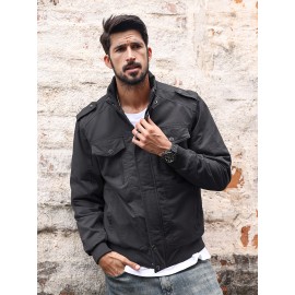 Men's Winter Fleece-Lined Cargo Jacket - Windproof Stand Collar Zipper Jacket with Ribbed Cuffs, Multi-Pockets & Soft Shell for Fall Winter Daily Wear, Outdoor Hiking Camping