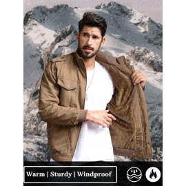 Men's Winter Fleece-Lined Cargo Jacket - Windproof Stand Collar Zipper Jacket with Ribbed Cuffs, Multi-Pockets & Soft Shell for Fall Winter Daily Wear, Outdoor Hiking Camping