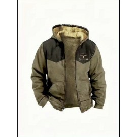 Men's Retro Full-Zip Hooded Sweatshirt - Fleece-Lined Winter Jacket with Contrast Color Block Design, Vintage Print & Machine Washable Polyester for Casual Outdoor Wear, Sweater Hoodie, Cold Weather Apparel, Classic Zipup Style, Fleecelined Comfort