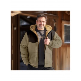 Men's Retro Full-Zip Hooded Sweatshirt - Fleece-Lined Winter Jacket with Contrast Color Block Design, Vintage Print & Machine Washable Polyester for Casual Outdoor Wear, Sweater Hoodie, Cold Weather Apparel, Classic Zipup Style, Fleecelined Comfort