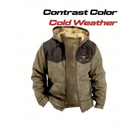 Men's Retro Full-Zip Hooded Sweatshirt - Fleece-Lined Winter Jacket with Contrast Color Block Design, Vintage Print & Machine Washable Polyester for Casual Outdoor Wear, Sweater Hoodie, Cold Weather Apparel, Classic Zipup Style, Fleecelined Comfort