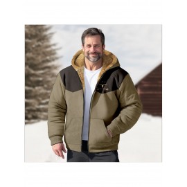 Men's Retro Full-Zip Hooded Sweatshirt - Fleece-Lined Winter Jacket with Contrast Color Block Design, Vintage Print & Machine Washable Polyester for Casual Outdoor Wear, Sweater Hoodie, Cold Weather Apparel, Classic Zipup Style, Fleecelined Comfort