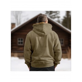 Men's Retro Full-Zip Hooded Sweatshirt - Fleece-Lined Winter Jacket with Contrast Color Block Design, Vintage Print & Machine Washable Polyester for Casual Outdoor Wear, Sweater Hoodie, Cold Weather Apparel, Classic Zipup Style, Fleecelined Comfort