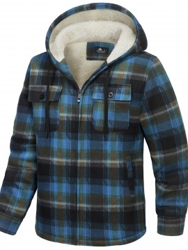 Men's Sherpa-Lined Full-Zip Hooded Jacket - Plaid Flannel Winter Coat with Turquoise/Black/White/Gray Plaid, Machine Washable, Full-Zip Front & Pockets - Casual Outdoor & Everyday Cold Weather Outerwear (Regular Fit)