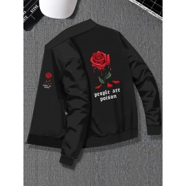 Casual Varsity Jacket for Men - Knit Polyester Blend, Regular Fit, Stand Collar, Slight Stretch, Classic Rose Print Detail