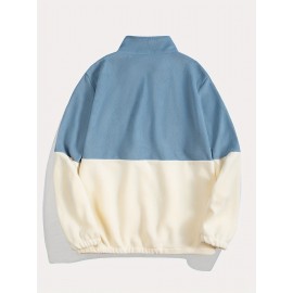Men'S Casual Geometric Color Block Fleece Sweatshirt Jacket, Polyester Knit Fabric, Regular Fit, with High Neck and Medium Stretch, for All-Season Pullover