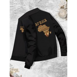 Men's African Tribal Art Print Slim-Fit Bomber Jacket - Black Zip-Up Stand Collar Streetwear Coat with Pockets, Machine Washable Polyester for Autumn/Winter Casual Wear, Sleek Knit Texture