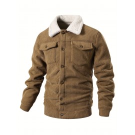 [Heavyweight Winter Jacket] Winter Heavyweight Men's Jacket | Corduroy Texture, Fleece Lining, Flip Collar, Double Pockets, Single-Button Closure, Machine Washable Polyester, Regular Fit Casual Outerwear