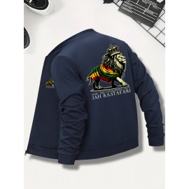 [Sporty Zip-Up Jacket] Rasta Colors Men's Lion Graphic Print Zip-Up Jacket | Machine Washable Regular Fit Outerwear, Sporty Casual Stand Collar Winter Coat, Autumn Apparel, Ethiopia Text