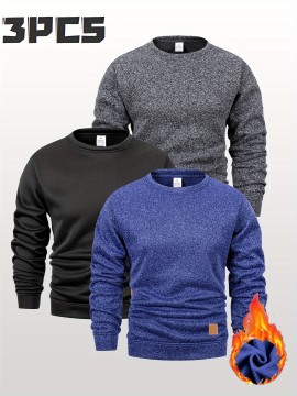 3pcs Men'S Crew Neck Sweatshirts with Fleece Lining - Vintage Style, Thick Knit Pullover Sweatshirts in Black, Navy Blue, and Maroon - Casual & Sporty for Spring, Fall, and Winter - Perfect for Outdoor Activities, Fitness, and Travel