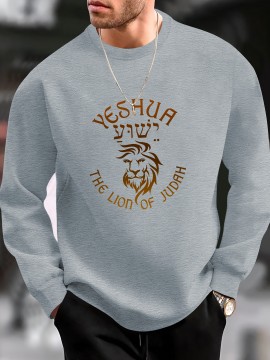 Men's Graphic Print Sweatshirt - Yeshua Lion of Judah Regular Fit Crew Neck Pullover with Slight Stretch, Polyester Knit Fabric