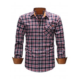 Men's Heavy-Duty Plaid Long Sleeve Dress Shirt - Winter Warmth Collar & Chest Pocket Button, Blue/White/Black/Brown Checkered Pattern, Loose Fit Casual & Formal Button-Up Coat Jacket-like Blazer (Machine Washable)