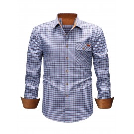 Men's Heavy-Duty Plaid Long Sleeve Dress Shirt - Winter Warmth Collar & Chest Pocket Button, Blue/White/Black/Brown Checkered Pattern, Loose Fit Casual & Formal Button-Up Coat Jacket-like Blazer (Machine Washable)