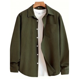 Men'S Vintage Corduroy Shirt - Olive Green Button-Up Collar Long Sleeve Casual Shirt with Chest Pocket, Regular Fit for Fall/Winter, Casual Attire|Vintage Shirt, |corduroy Texture, Corduroy Shirt, Button Up Shirt For Men, Long Sleeve Shirt For Men