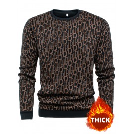 Men's Thermal Fleece-Lined Crewneck Sweatshirt - Thick Winter Warmth with Bold Letter Graphic, Soft Casual Long Sleeve Pullover, Machine Washable Cold Weather Gift for Him, Winter Sweaters, Cold Weather Apparel, Stylish Pullover