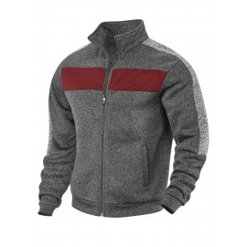 [Men's Color-Block Jacket] Color-Block Men's Knit Zip-Up Jacket | Regular Fit, Contrast Collar, Striped Design, Full-Zip Front, Ribbed Cuffs, Durable Fabric, Everyday Comfort Wear, Casual Outerwear