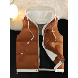 Men'S Hooded Vest - Thickened Warm Sleeveless Jacket with Zipper Closure, Red & Color Block Design, Polyester Lining, Casual Style for Cold Weather, Unisex Couple'S Outerwear, Multiple Colors Available, Winter Vest, Cold Weather Apparel