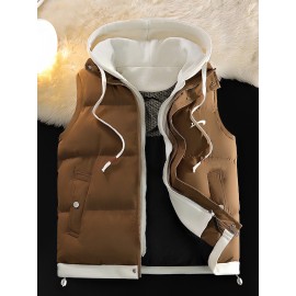 Men'S Hooded Vest - Thickened Warm Sleeveless Jacket with Zipper Closure, Red & Color Block Design, Polyester Lining, Casual Style for Cold Weather, Unisex Couple'S Outerwear, Multiple Colors Available, Winter Vest, Cold Weather Apparel