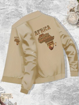 Men's African Tribal Art Print Slim-Fit Bomber Jacket - Black Zip-Up Stand Collar Streetwear Coat with Pockets, Machine Washable Polyester for Autumn/Winter Casual Wear, Sleek Knit Texture