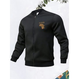 Men's African Tribal Art Print Slim-Fit Bomber Jacket - Black Zip-Up Stand Collar Streetwear Coat with Pockets, Machine Washable Polyester for Autumn/Winter Casual Wear, Sleek Knit Texture